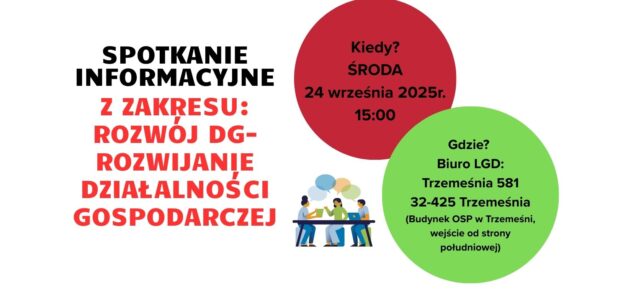 Zapraszamy na spotkanie szkoleniowo-informacyjne z zakresu rozwijania działalności gospodarczej- rozwój DG- 24.09.2025r. (środa) o godz. 15:00